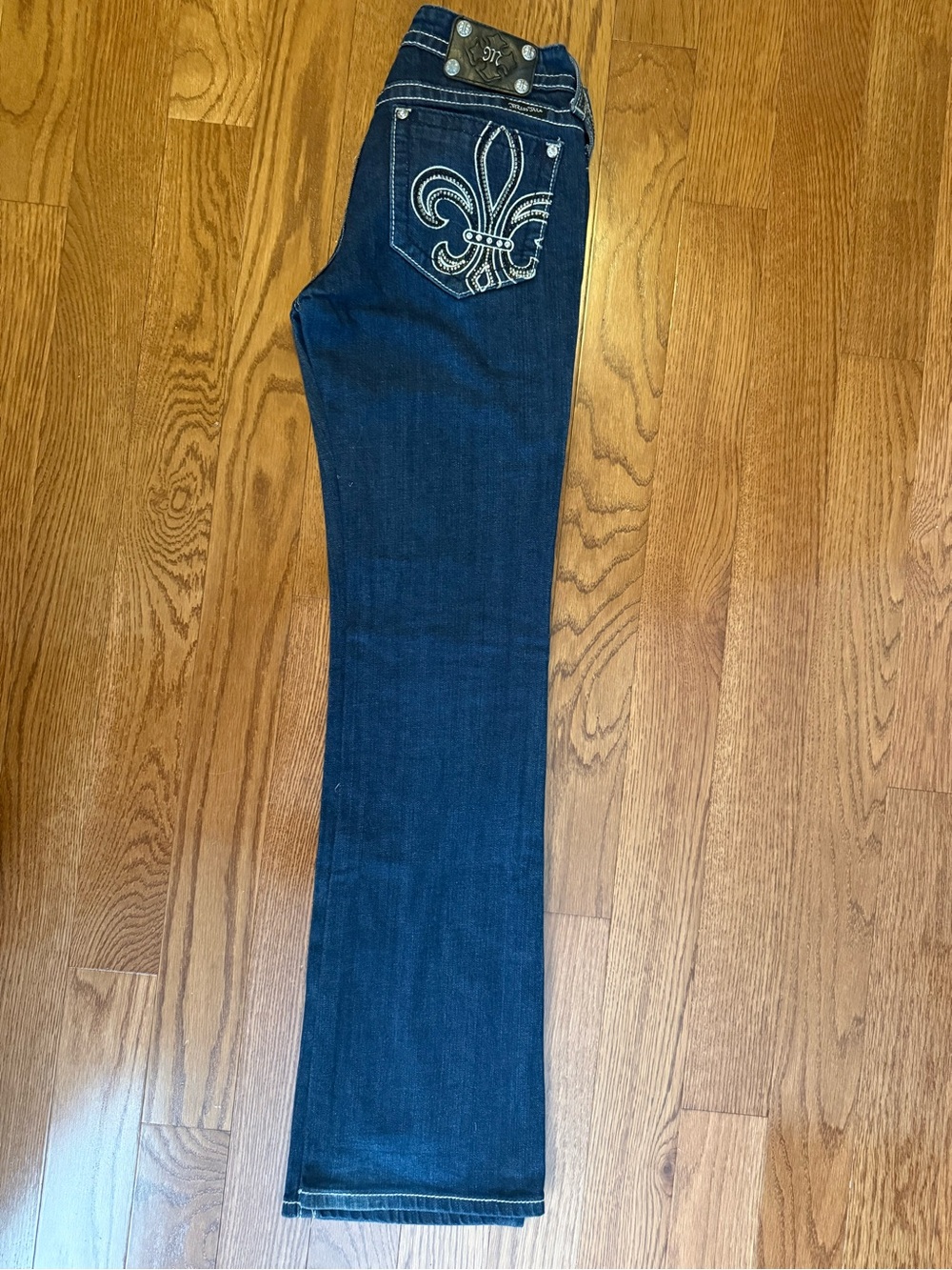 Miss Me JP5038 Boot Cut Jeans Size 29 Dark Wash Fleur De Lis Rhinestone